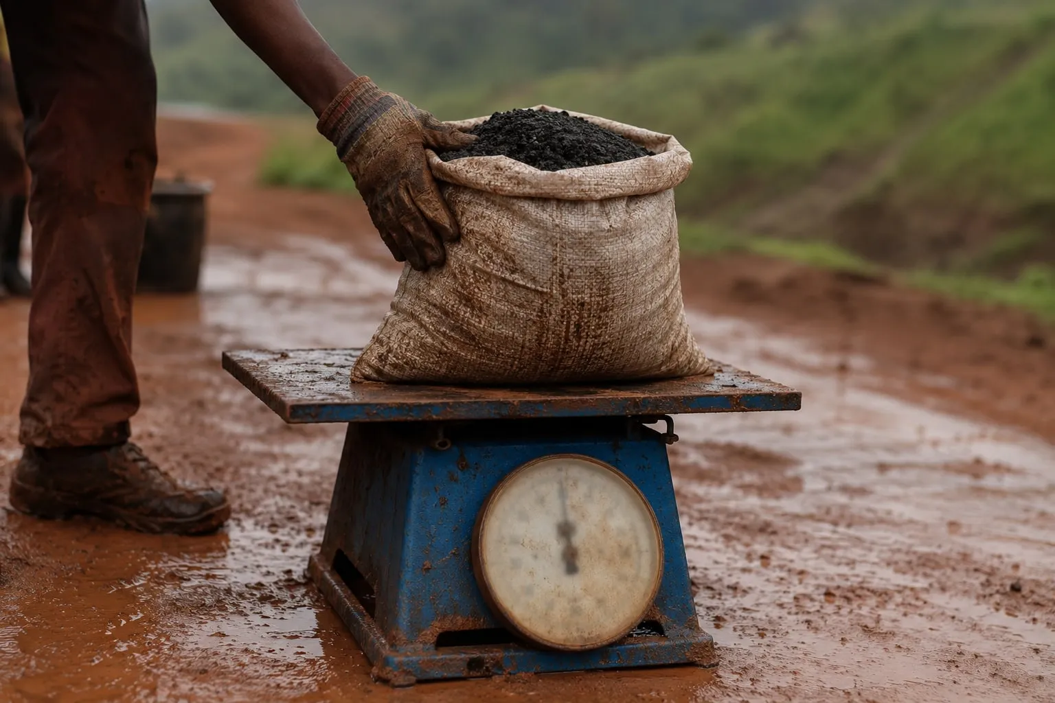 Illustrative visualisation: a filled sack of dark recovered material being steadied on a blue platform scale set on wet red ground, the dial face weathered and its markings not legible
