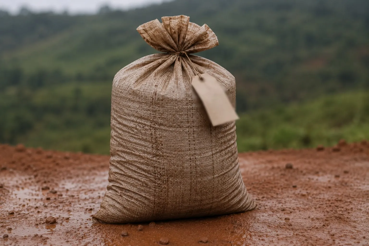 Illustrative visualisation: a single filled and tied sack standing on wet red ground with a blank paper tag attached at the neck, hills out of focus behind