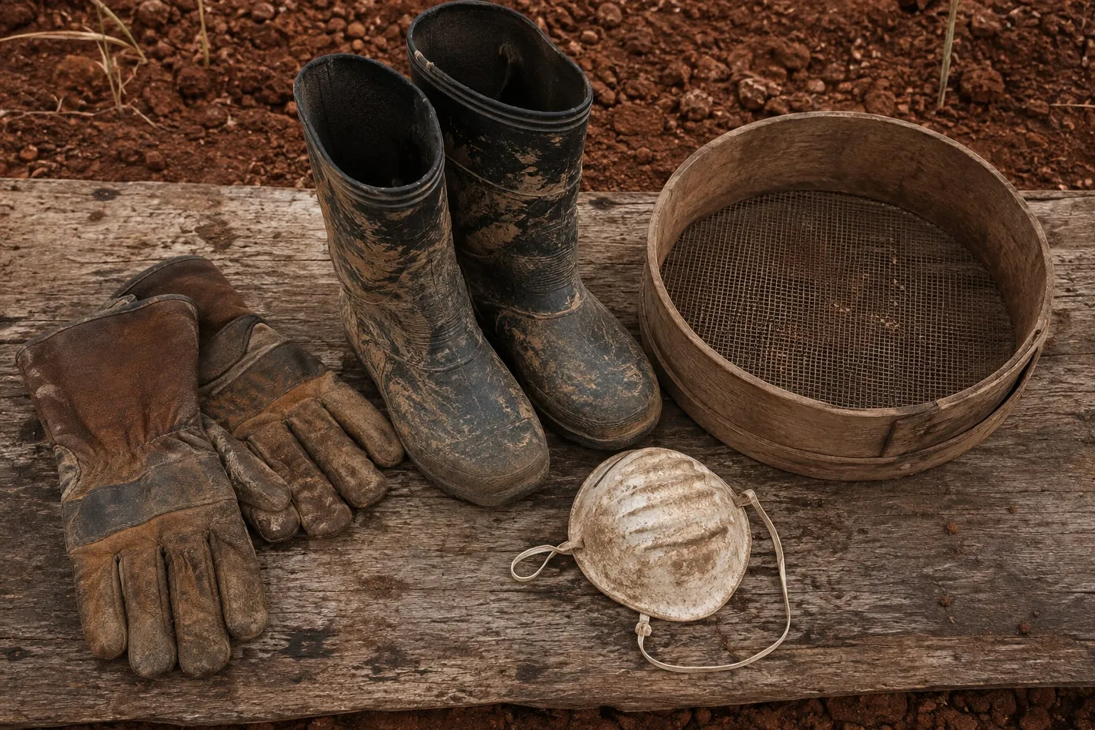 Illustrative visualisation: work gloves, mud-caked rubber boots, a used dust mask and a round wooden sieve laid out on a timber plank against bare red soil